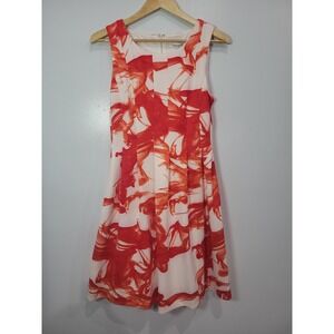Calvin Klein Sleeveless Pleated Fit Flare Dress Orange White Abstract Print Sz 8